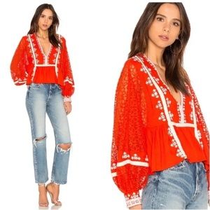 Free People Boogie All Night Eyelet Lace Balloon Sleeve Blouse sz M